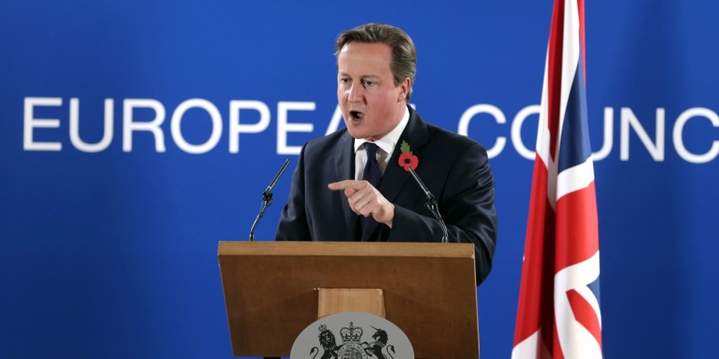 British Prime Minister David Cameron speaks during a media conference after an EU summit at the EU Council building in Brussels, on Friday, Oct. 24, 2014. Britain prime minister, David Cameron, is protesting a European Union request for an additional 2.1 billion euro ($2.65 billion) contribution to the EU coffers at a time of increasing pressure at home for the country to leave the bloc. (AP Photo/Yves Logghe)